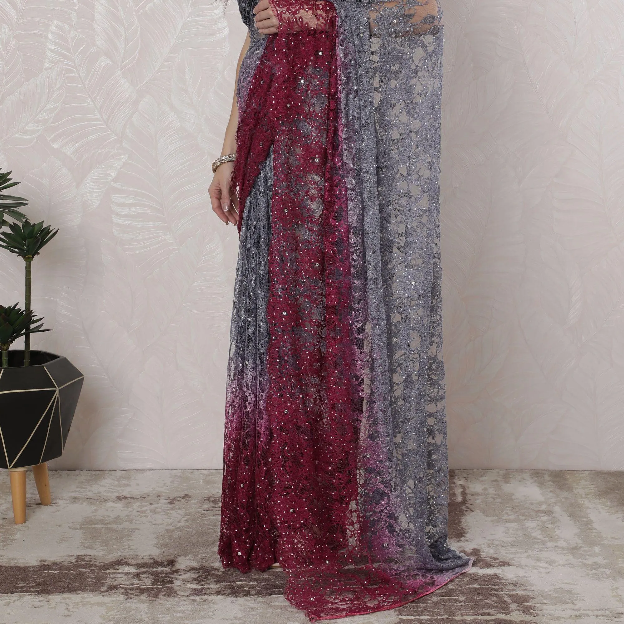 Grey to Magenta pink Premium Pure French chantilly lace saree having stone work in Ombre design-D16386