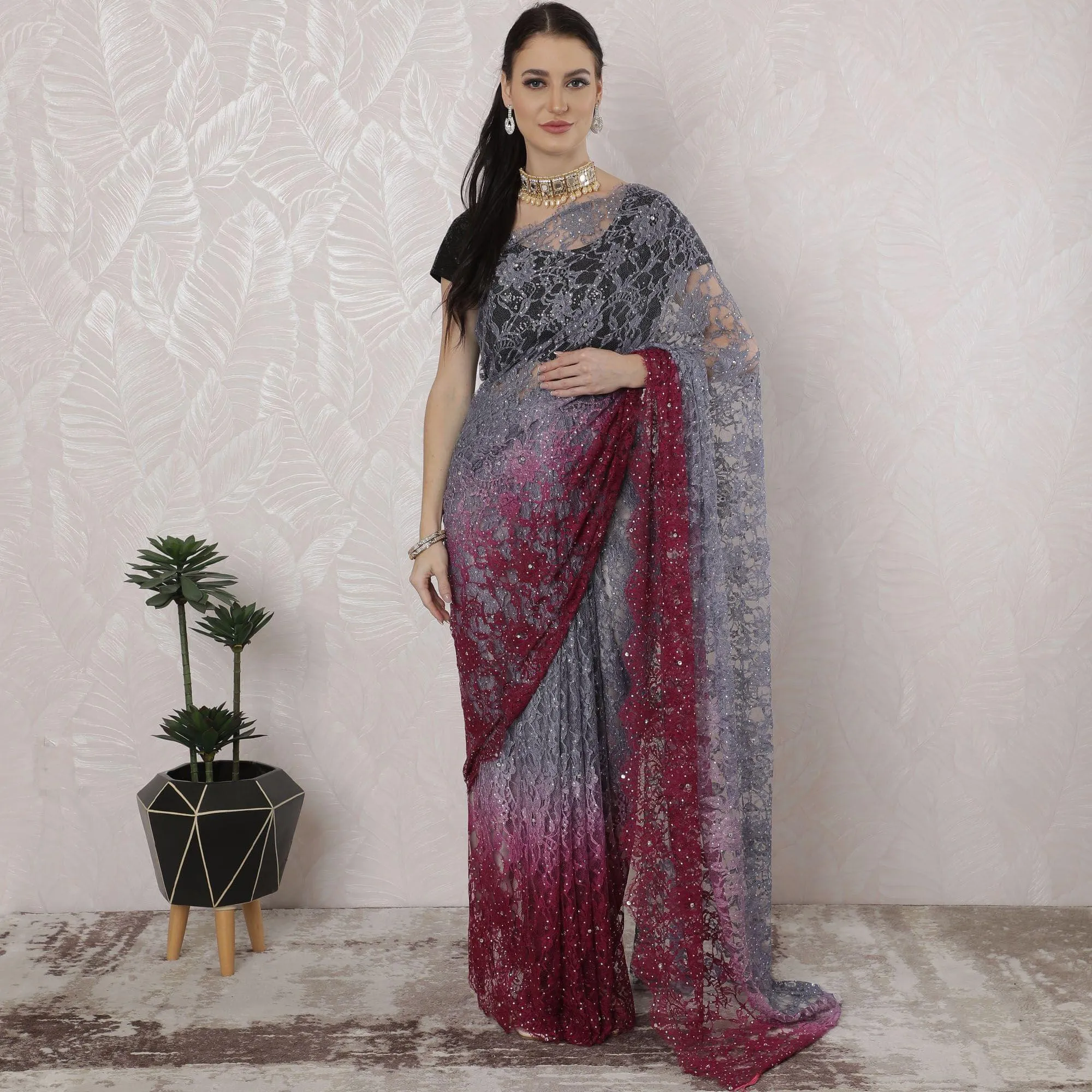 Grey to Magenta pink Premium Pure French chantilly lace saree having stone work in Ombre design-D16386