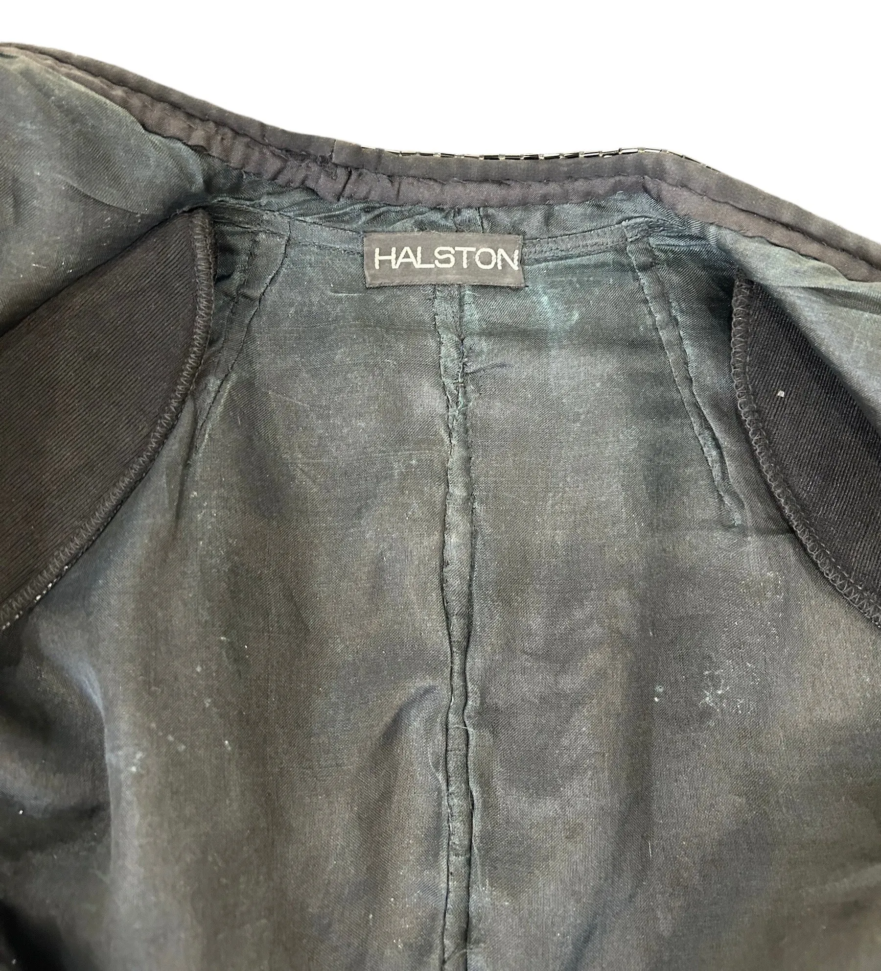 Halston 70s Black Feather Motif Densely Beaded Jacket