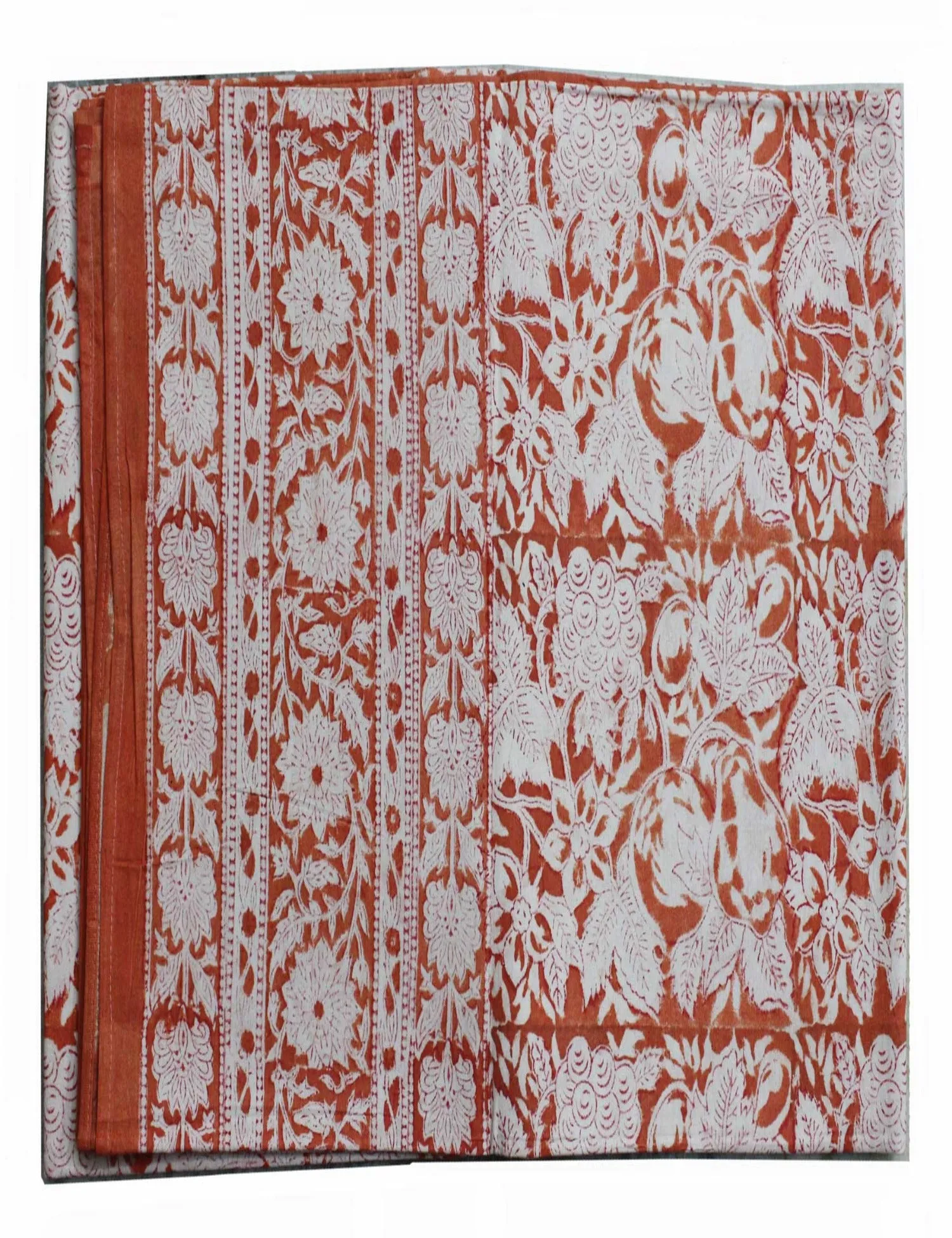 Hand Block Print India Table Cloth 60 x 90 Inches 100% Cotton Table Cover Floral Print Orange Color