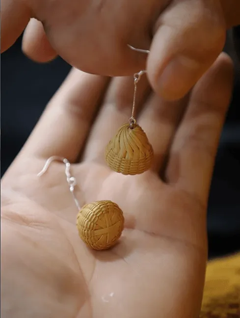 Handmade mini bells earrings, Chinese bamboo weaving craftsmanship