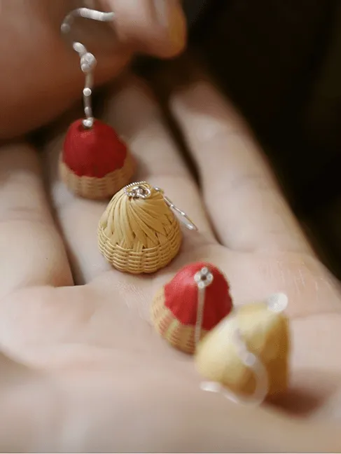 Handmade mini bells earrings, Chinese bamboo weaving craftsmanship