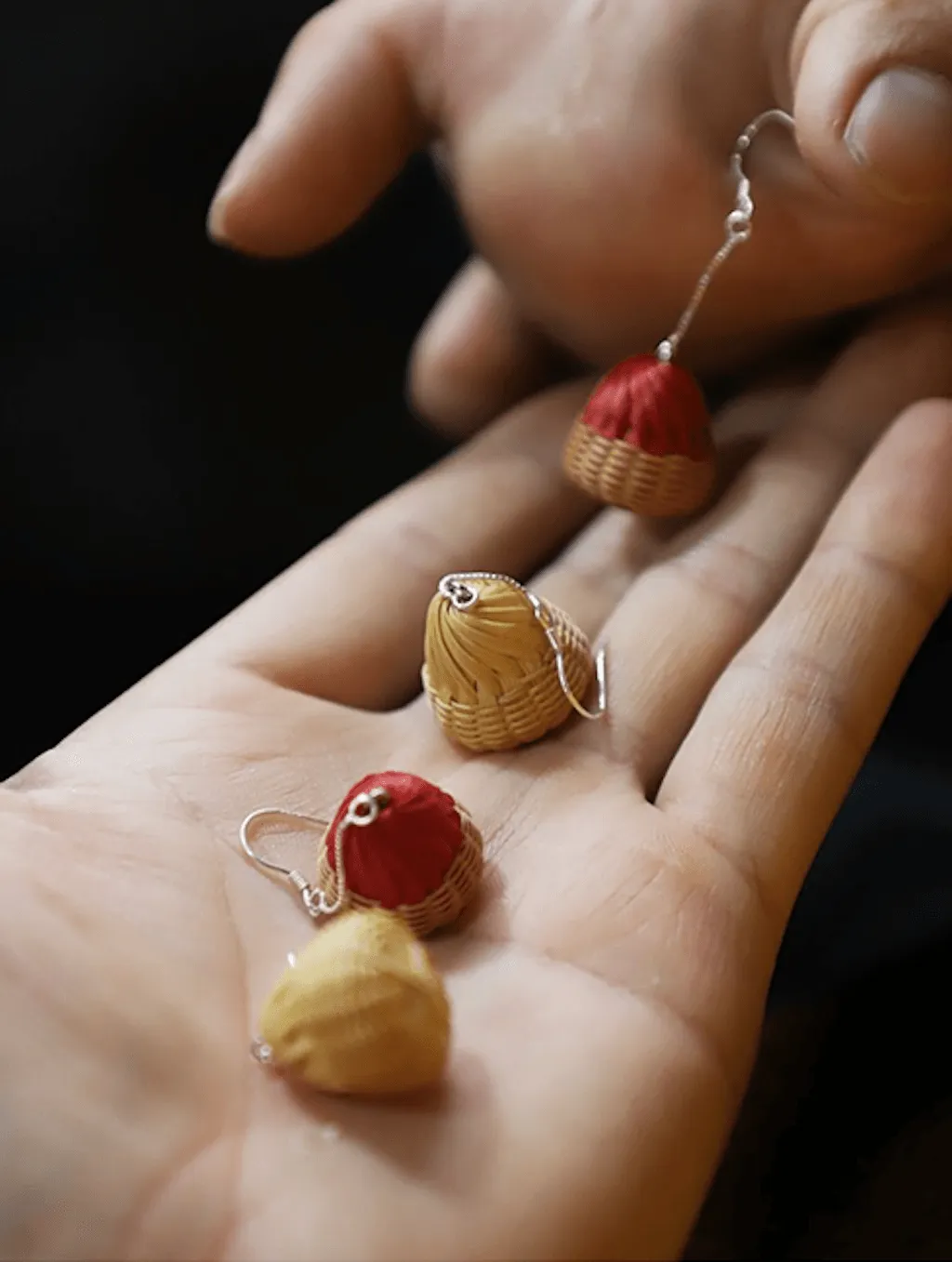 Handmade mini bells earrings, Chinese bamboo weaving craftsmanship