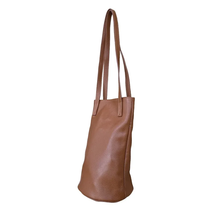 Italian Leather Bucket Bag in Dark Tan