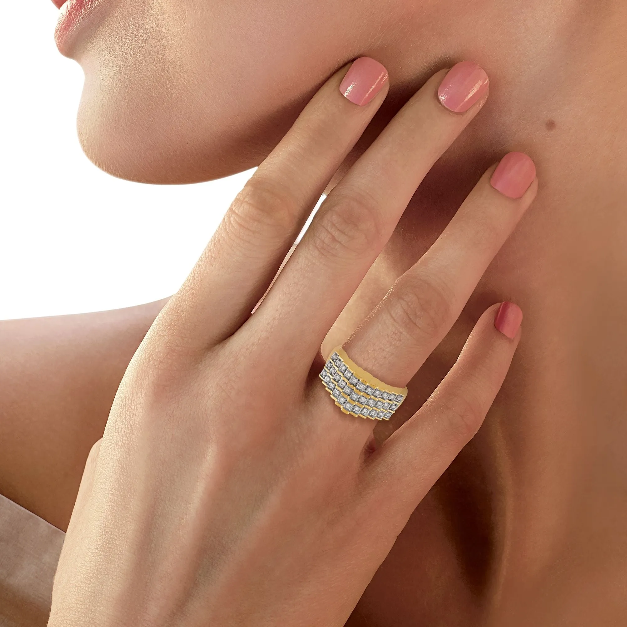 Jewelili 14K Yellow Gold Over Sterling Silver With 1/4 CTTW Round White Diamonds Anniversary Ring