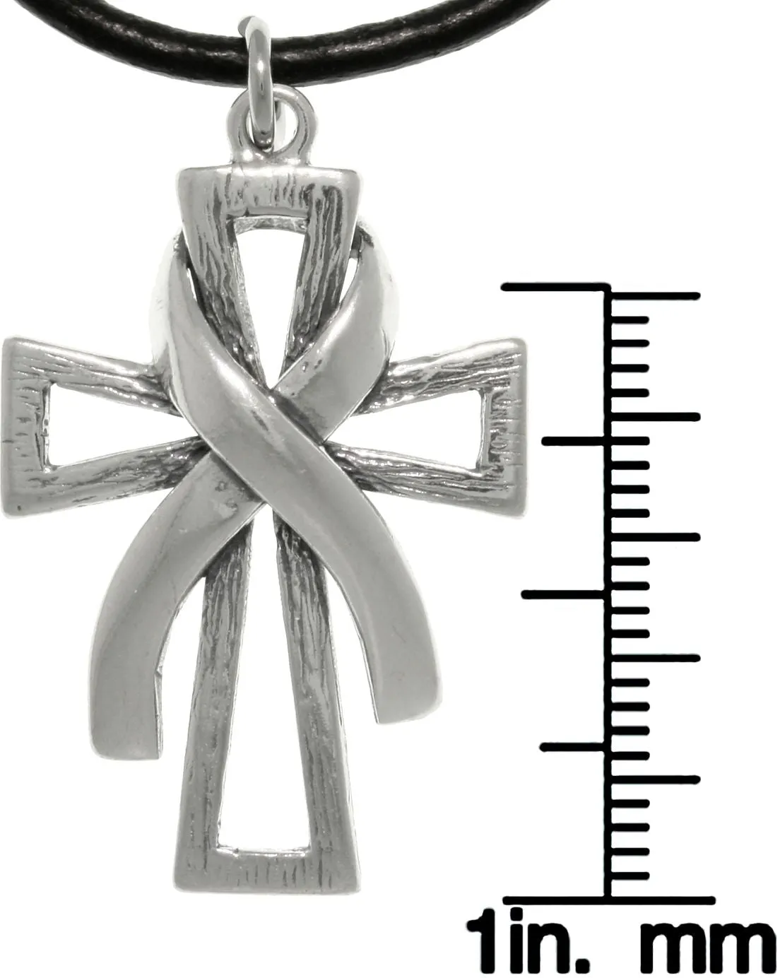 Jewelry Trends Sterling Silver Cross with Awareness Ribbon Pendant on Black Leather Necklace
