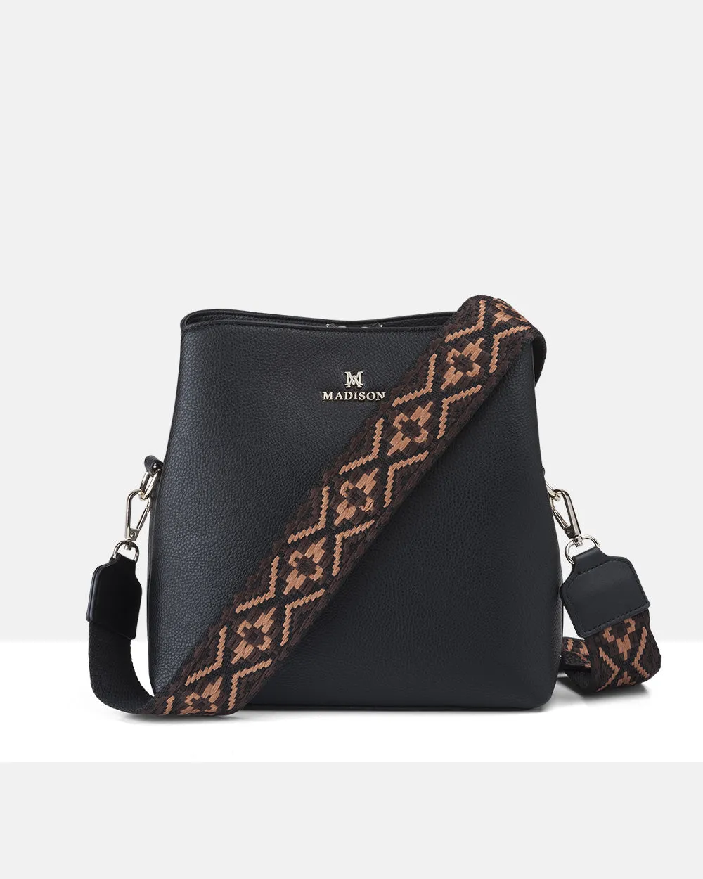 Joanie 3 Compartment Crossbody Bucket Bag   Aztec Bag Strap