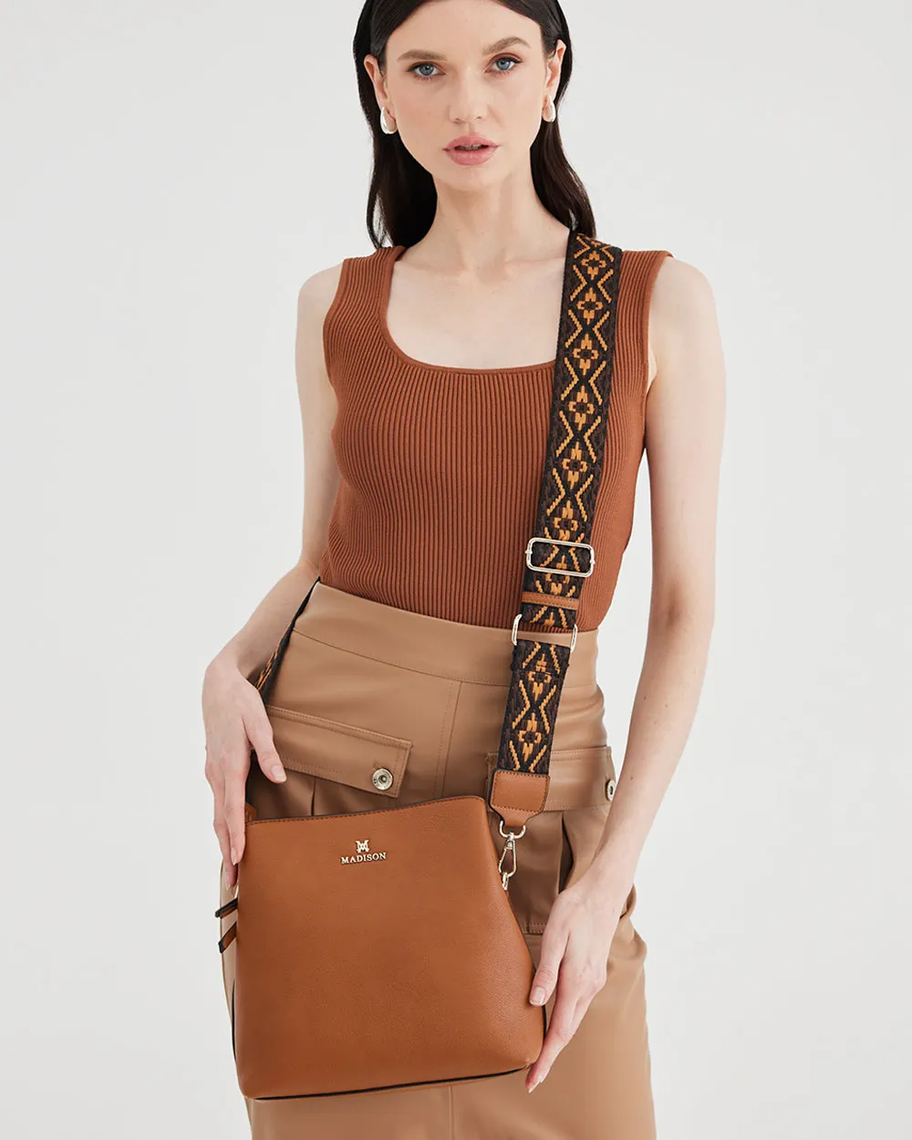 Joanie 3 Compartment Crossbody Bucket Bag   Aztec Bag Strap