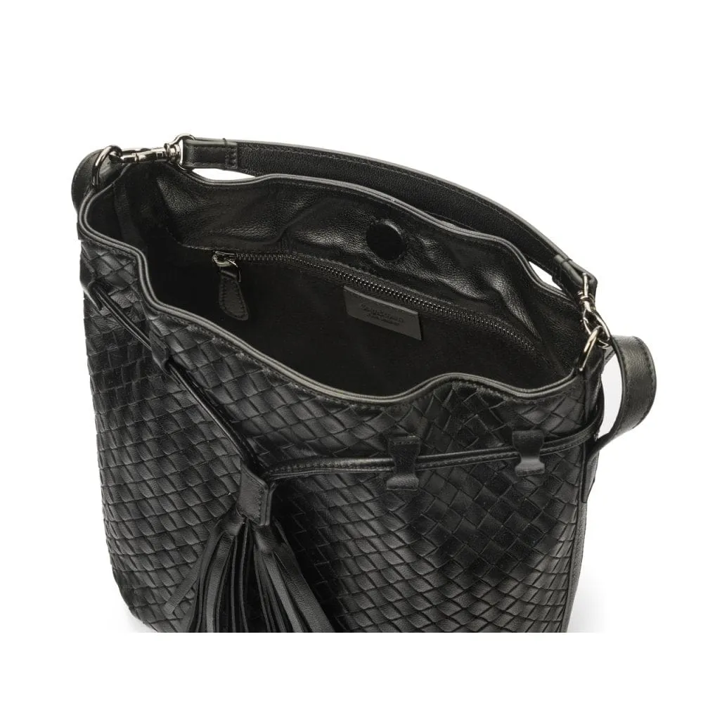 Kelly Woven Leather Bucket Bag - Black