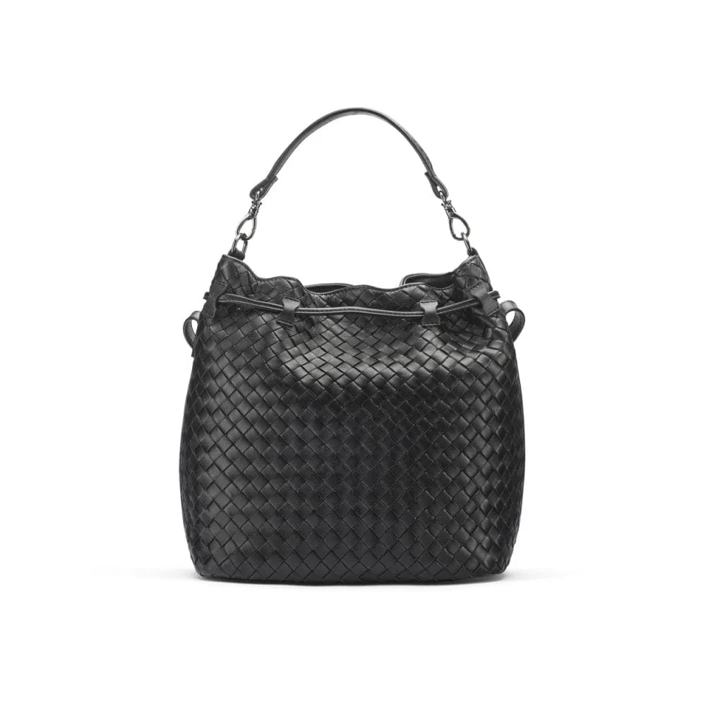 Kelly Woven Leather Bucket Bag - Black