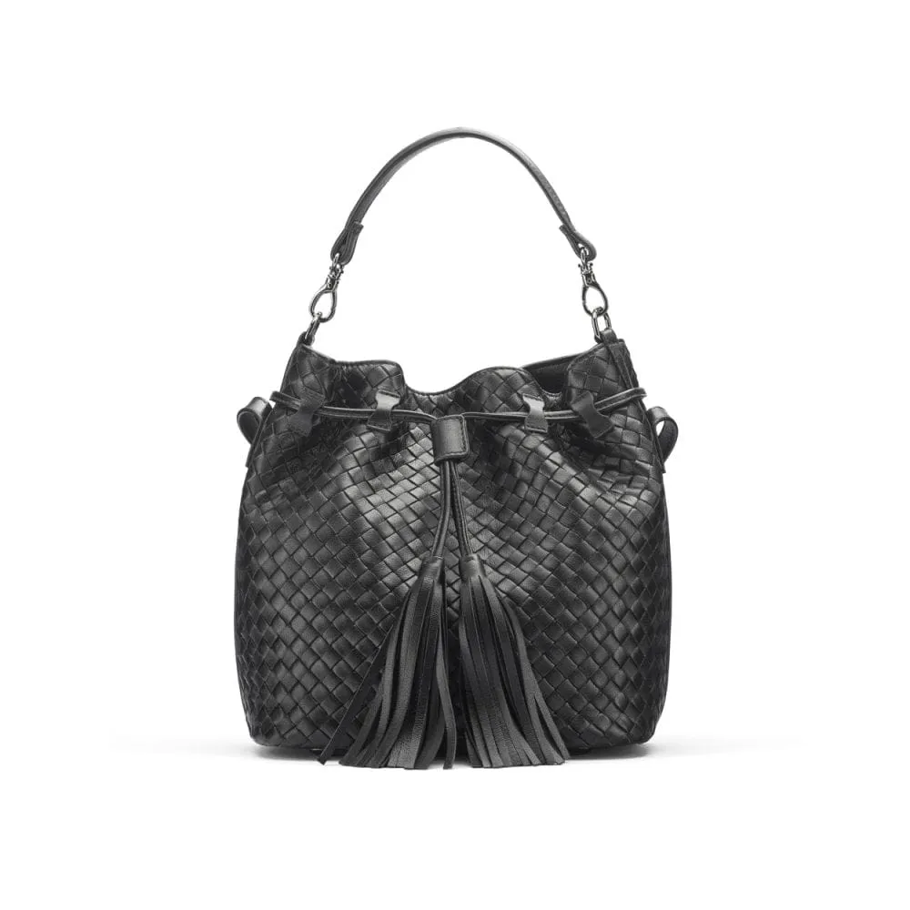 Kelly Woven Leather Bucket Bag - Black