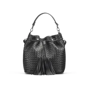 Kelly Woven Leather Bucket Bag - Black