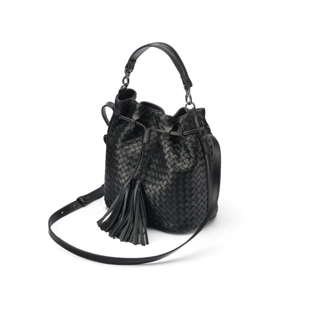 Kelly Woven Leather Bucket Bag - Black