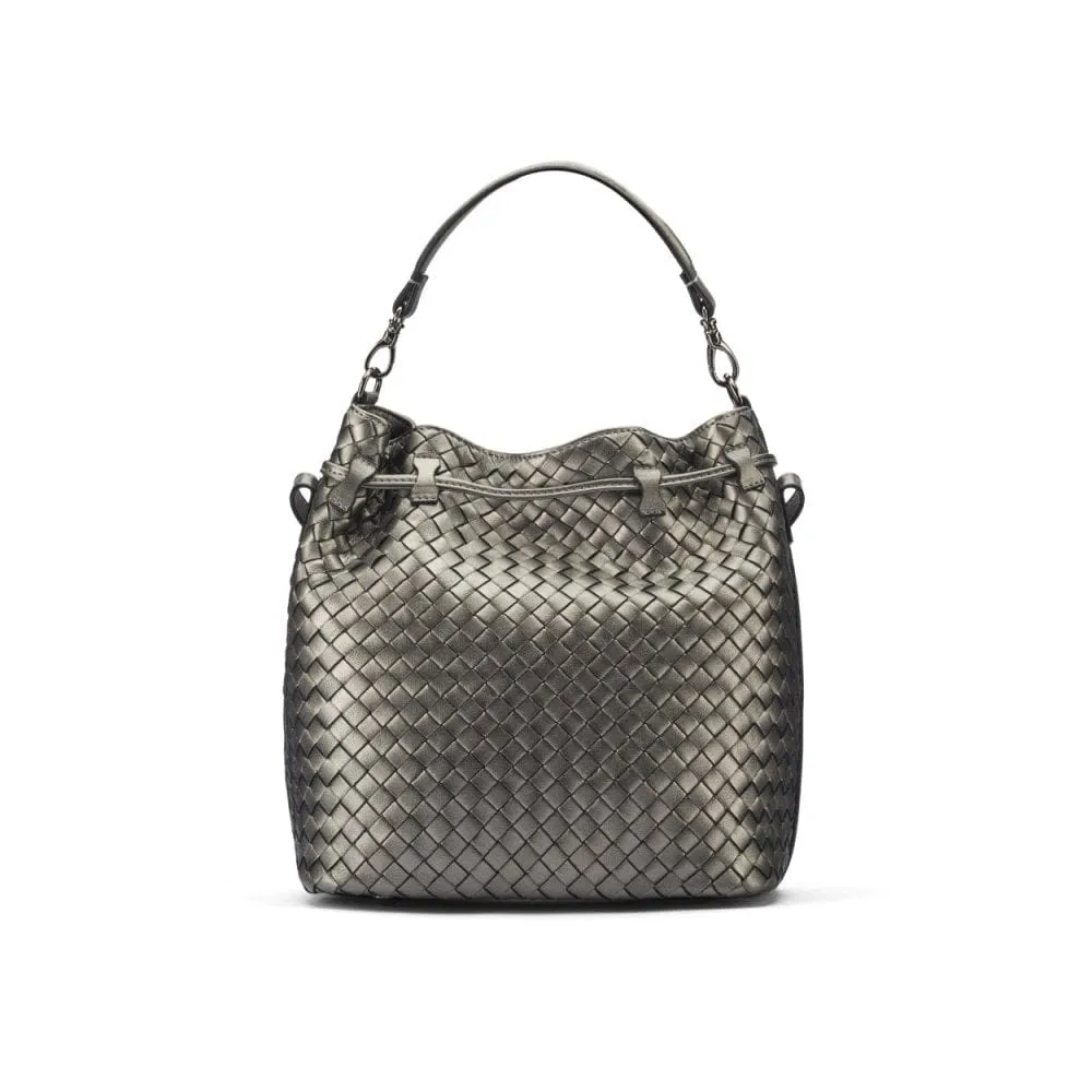Kelly Woven Leather Bucket Bag - Pewter