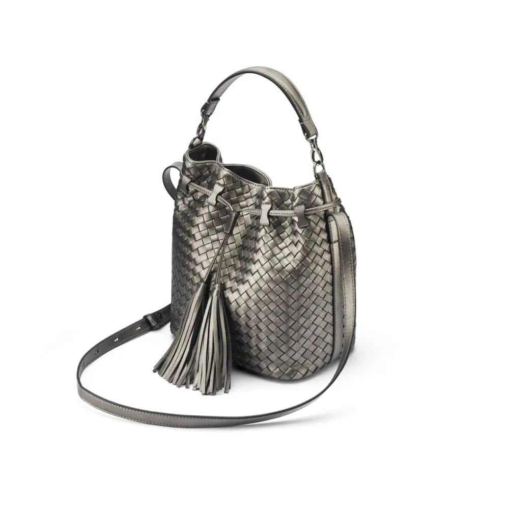 Kelly Woven Leather Bucket Bag - Pewter