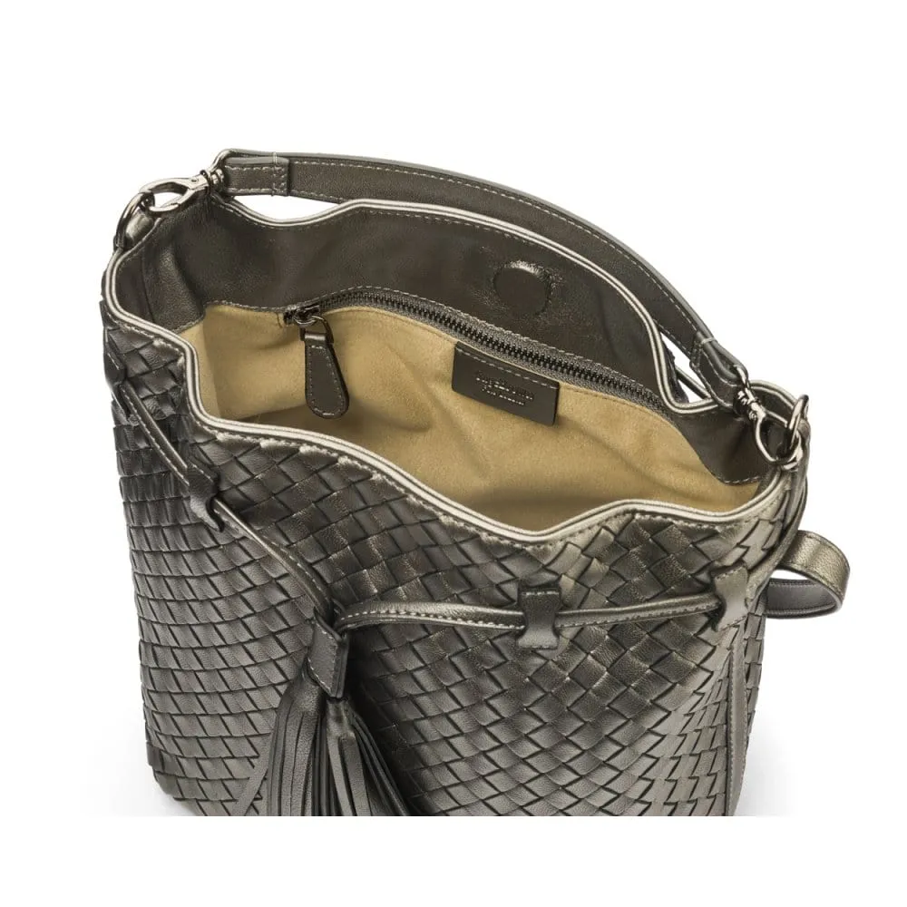 Kelly Woven Leather Bucket Bag - Pewter