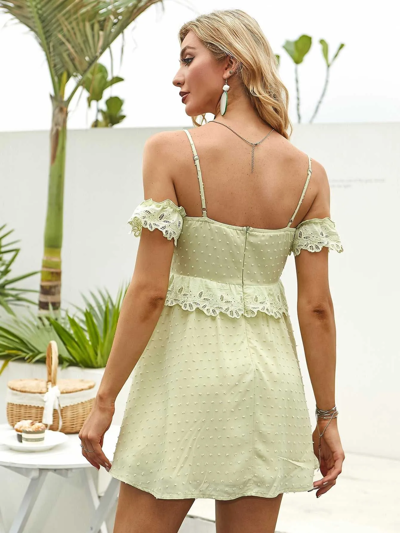 KittenAlarm - Off Shoulder Ruffle Detail Lace Trim Cami Dress