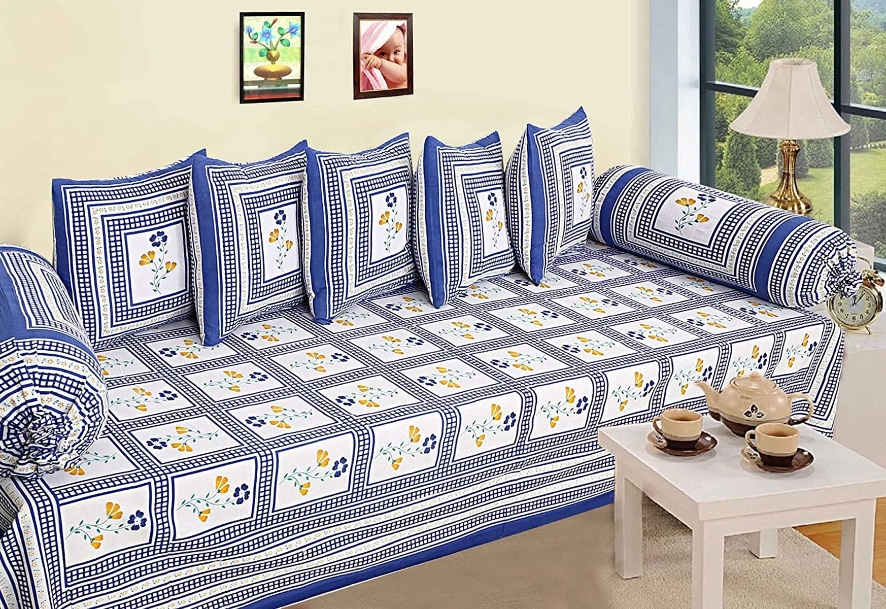 Kuber Industries Cotton Diwan Set for Living Room, Kids Room, Nursery Room with Floral Design, Set of 8 Pieces (Blue)