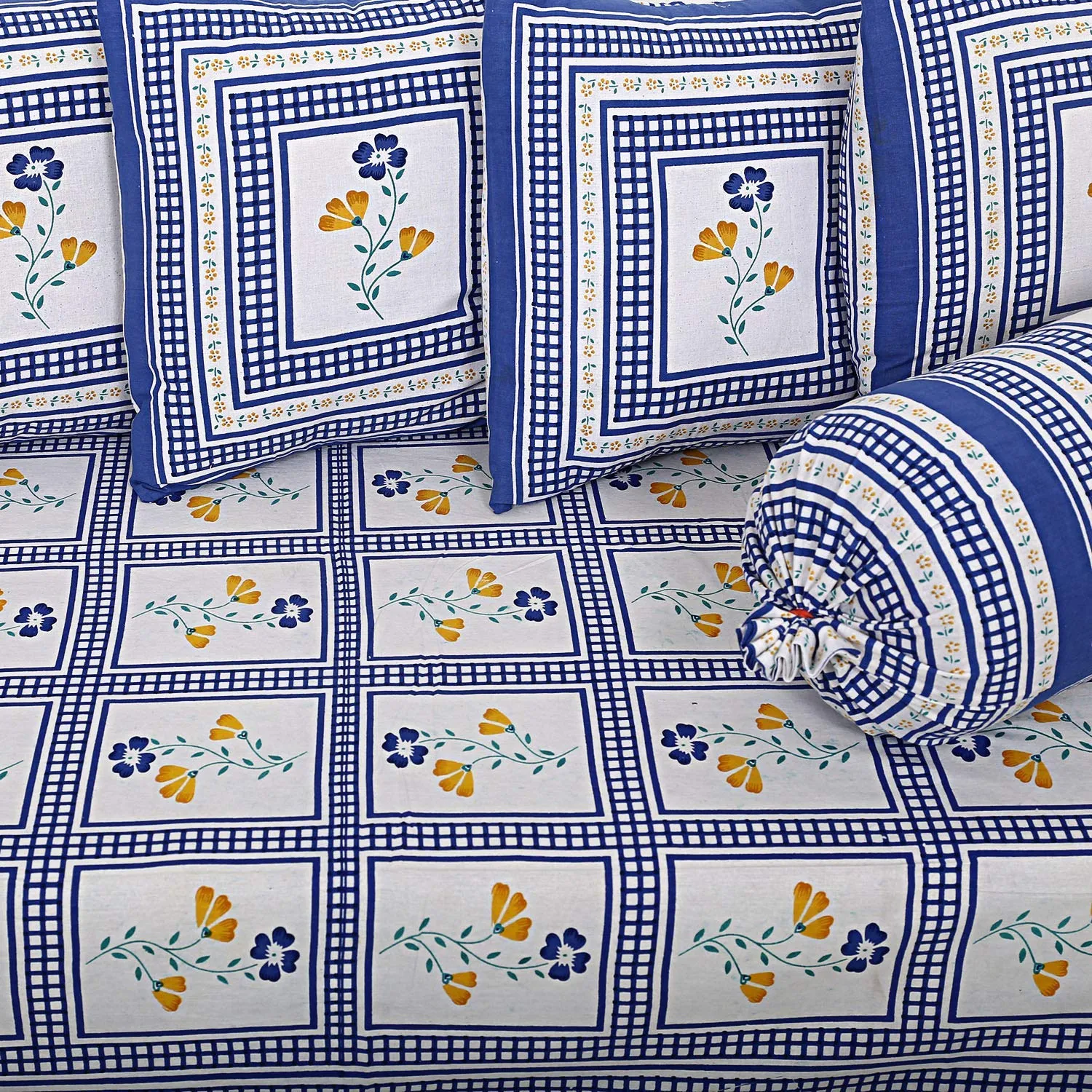 Kuber Industries Cotton Diwan Set for Living Room, Kids Room, Nursery Room with Floral Design, Set of 8 Pieces (Blue)
