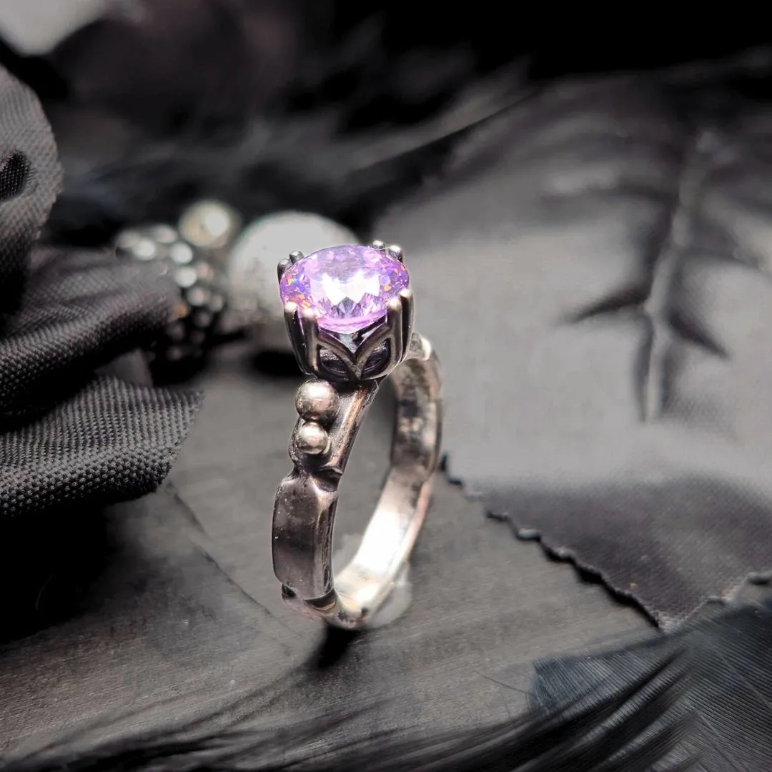 Lavender CZ Antique Silver Ring, Portugese Cut, Size 6-7