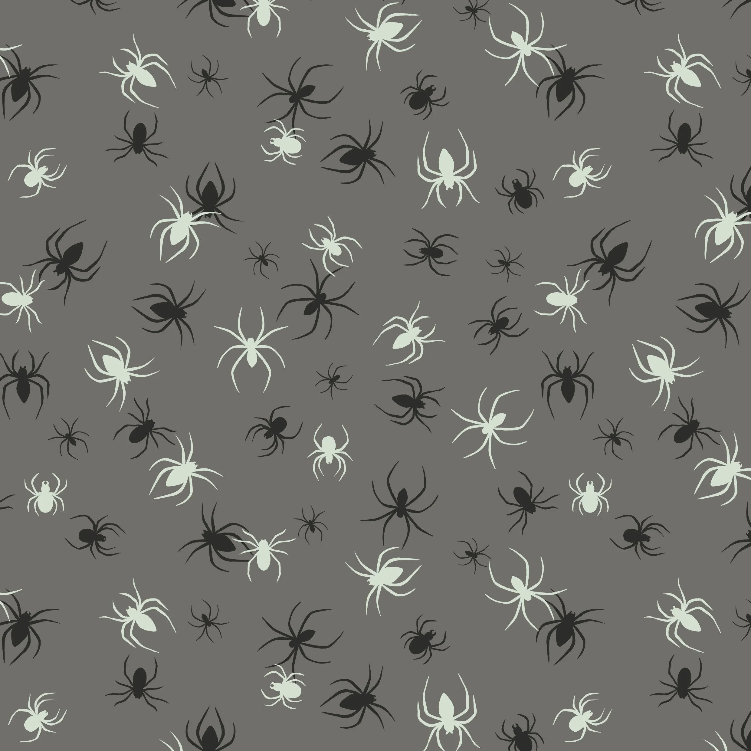 Lewis and Irene Haunted Glow In The Dark Spiders On Grey Cotton Fabric
