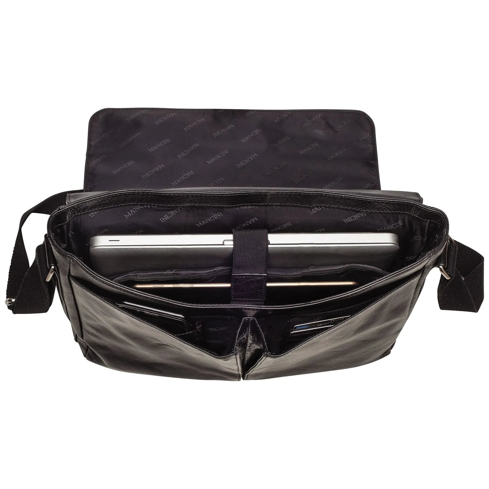 Mancini Arizona Vegetable Tanned Top Grain Buffalo Leather Messenger Bag Black