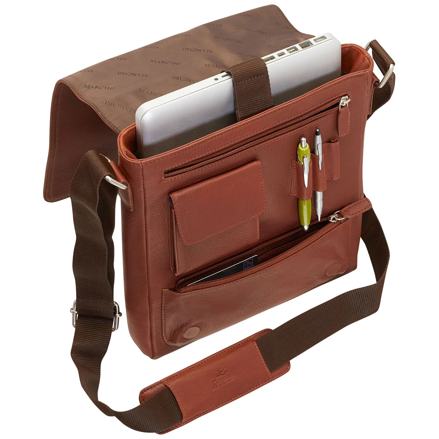 Mancini Leather Messenger Style Unisex Bag for Tablet/ E-reader, 10.25" x 3" x 12", Cognac