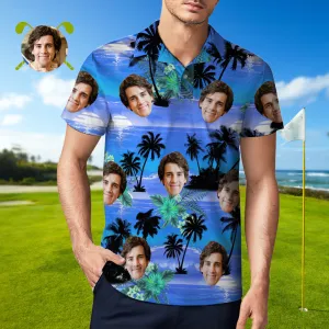 Men's Custom Face Polo Shirt Personalised Hawaiian Golf Shirts - Blue Coast