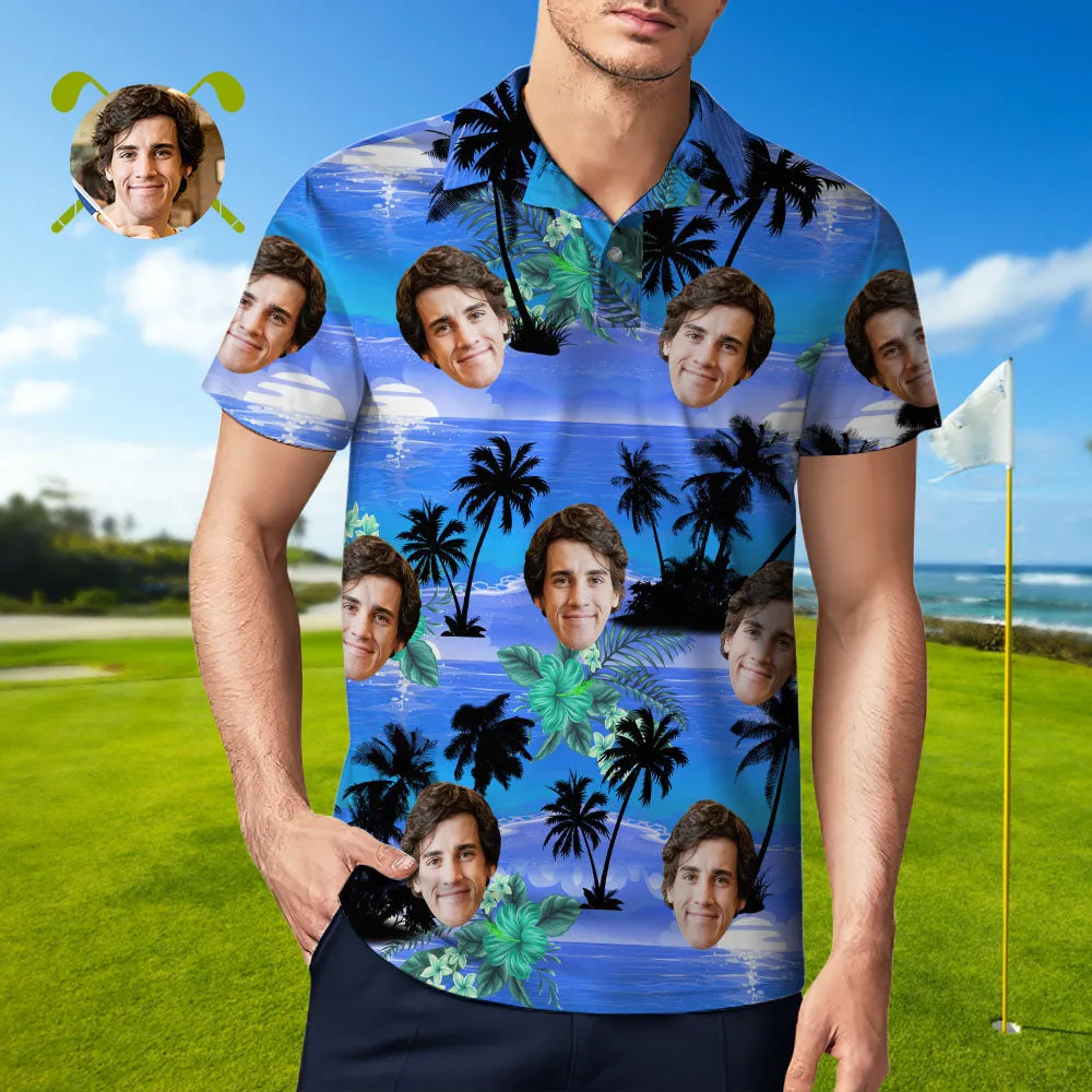 Men's Custom Face Polo Shirt Personalised Hawaiian Golf Shirts - Blue Coast