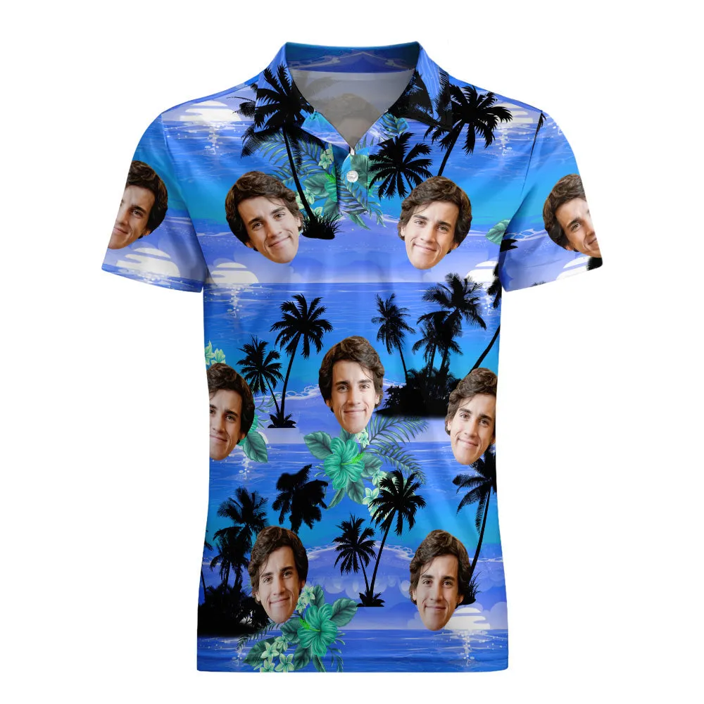 Men's Custom Face Polo Shirt Personalised Hawaiian Golf Shirts - Blue Coast