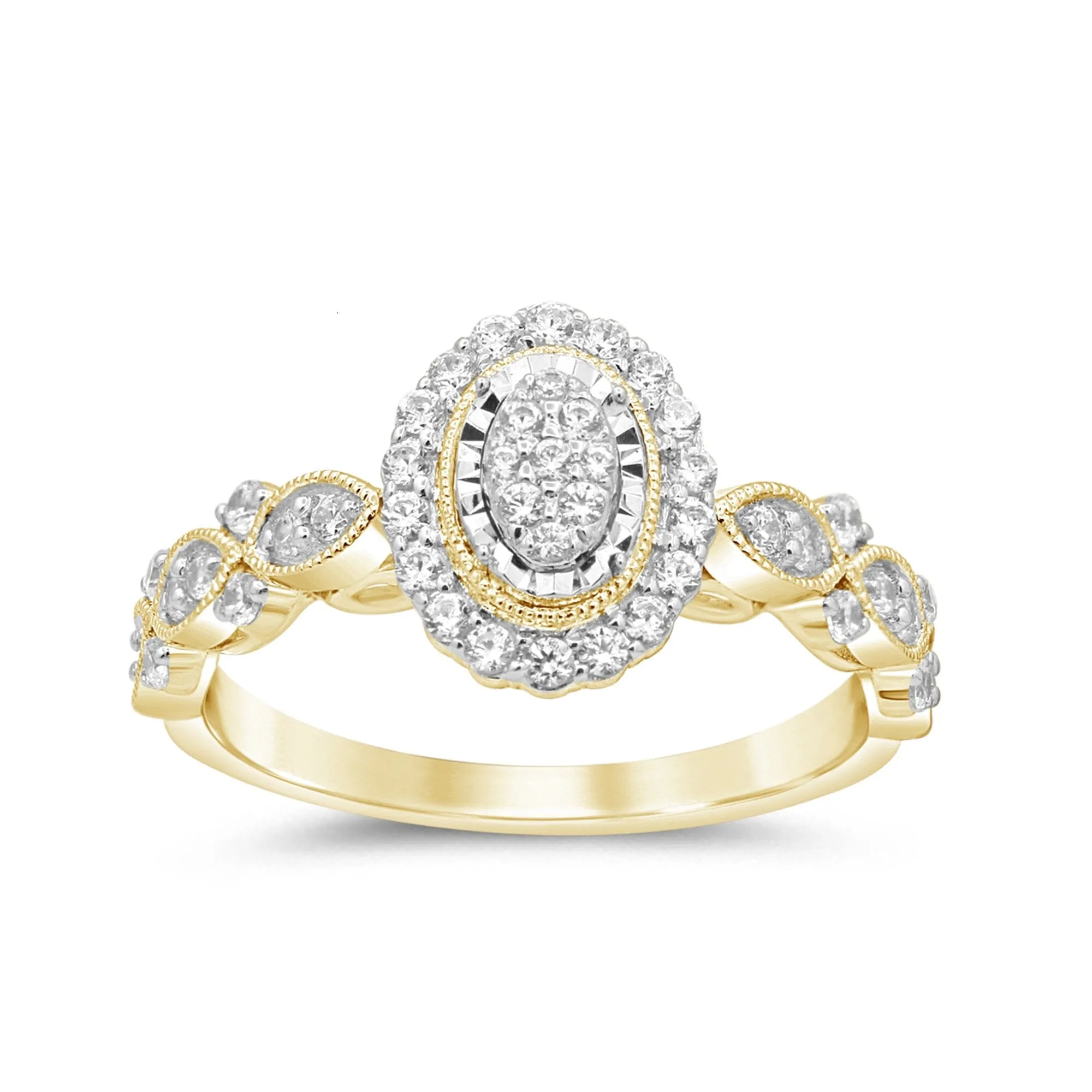 Oval Shaped Halo Ring with 1/2ct of Diamonds in 9ct Yellow Gold
