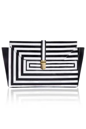OVERSIZED TWO TONE LEATHER CLUTCH WITH BLACK AND WHITE APPLIQUE STRIPE DETAIL - DOCUMENT
