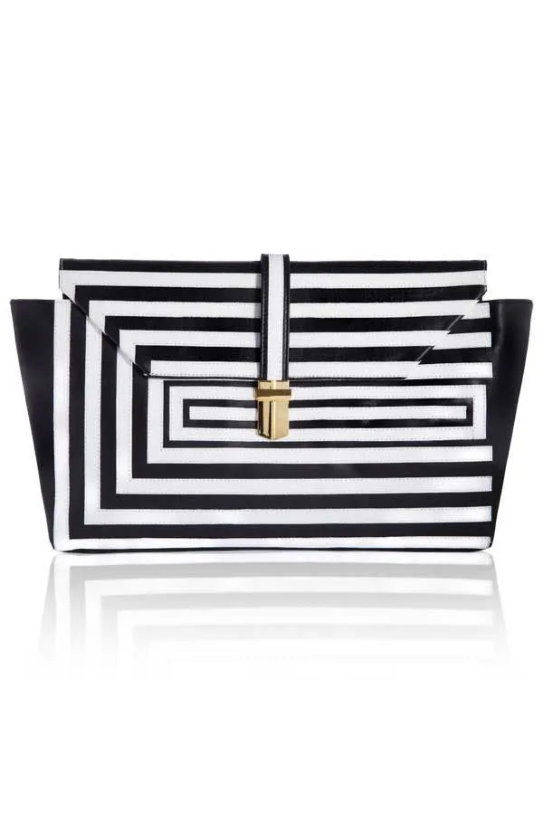 OVERSIZED TWO TONE LEATHER CLUTCH WITH BLACK AND WHITE APPLIQUE STRIPE DETAIL - DOCUMENT