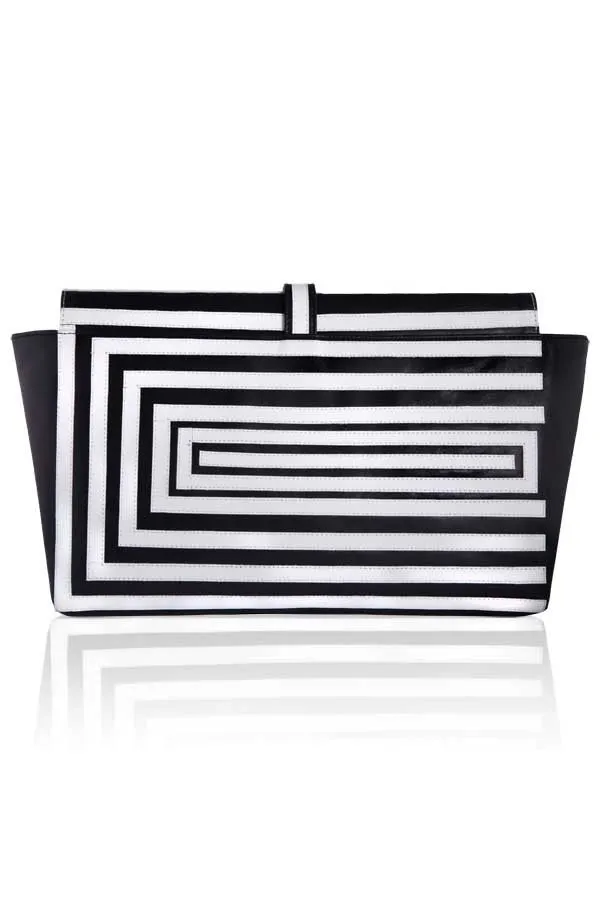 OVERSIZED TWO TONE LEATHER CLUTCH WITH BLACK AND WHITE APPLIQUE STRIPE DETAIL - DOCUMENT
