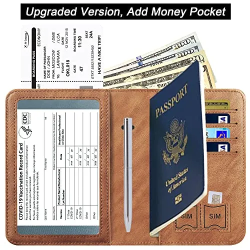 Passport and Vaccine Card Holder Combo Passport Holder, Brown