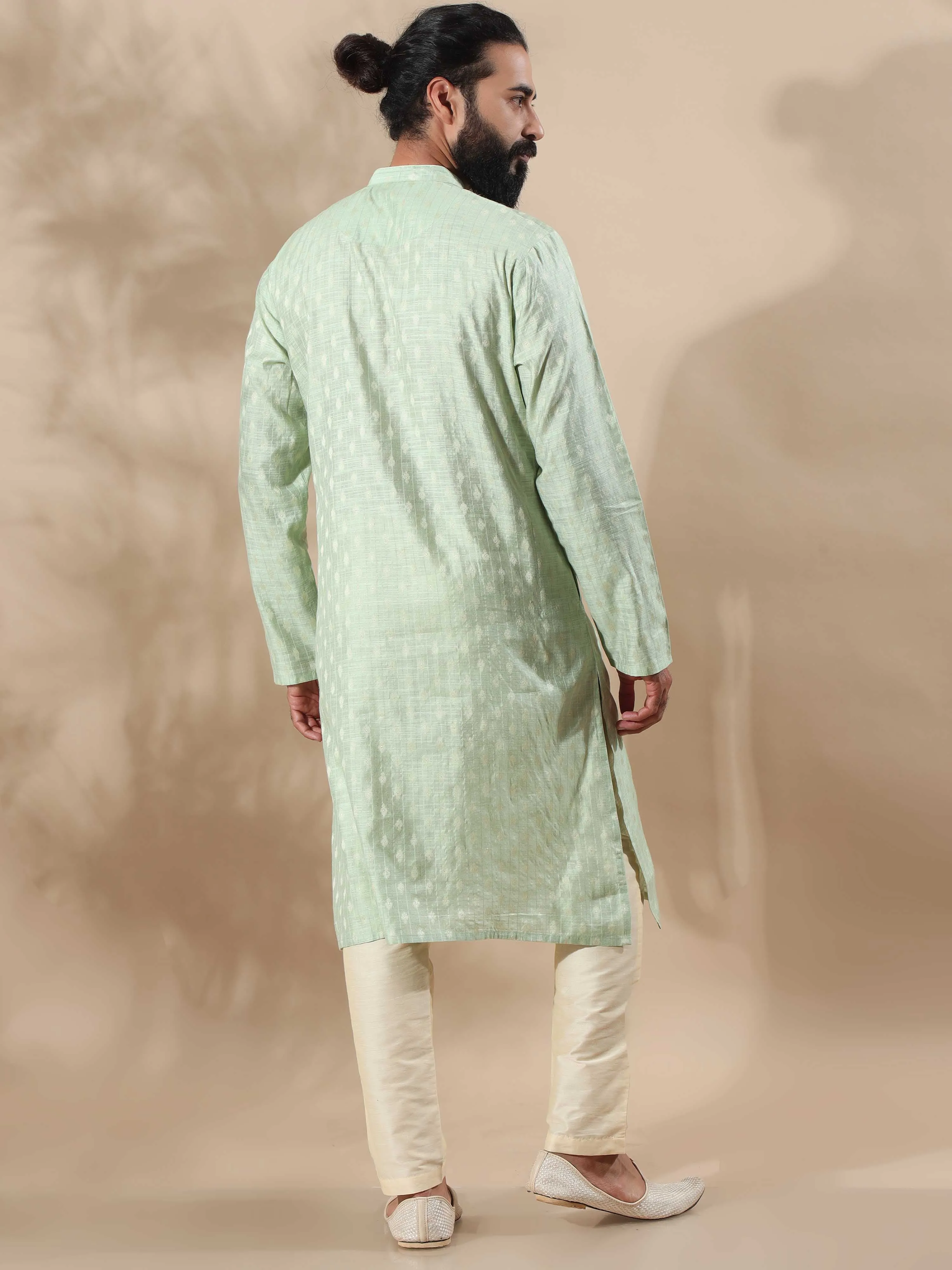 Pista Green Banarasi Chanderi Buta Long Kurta