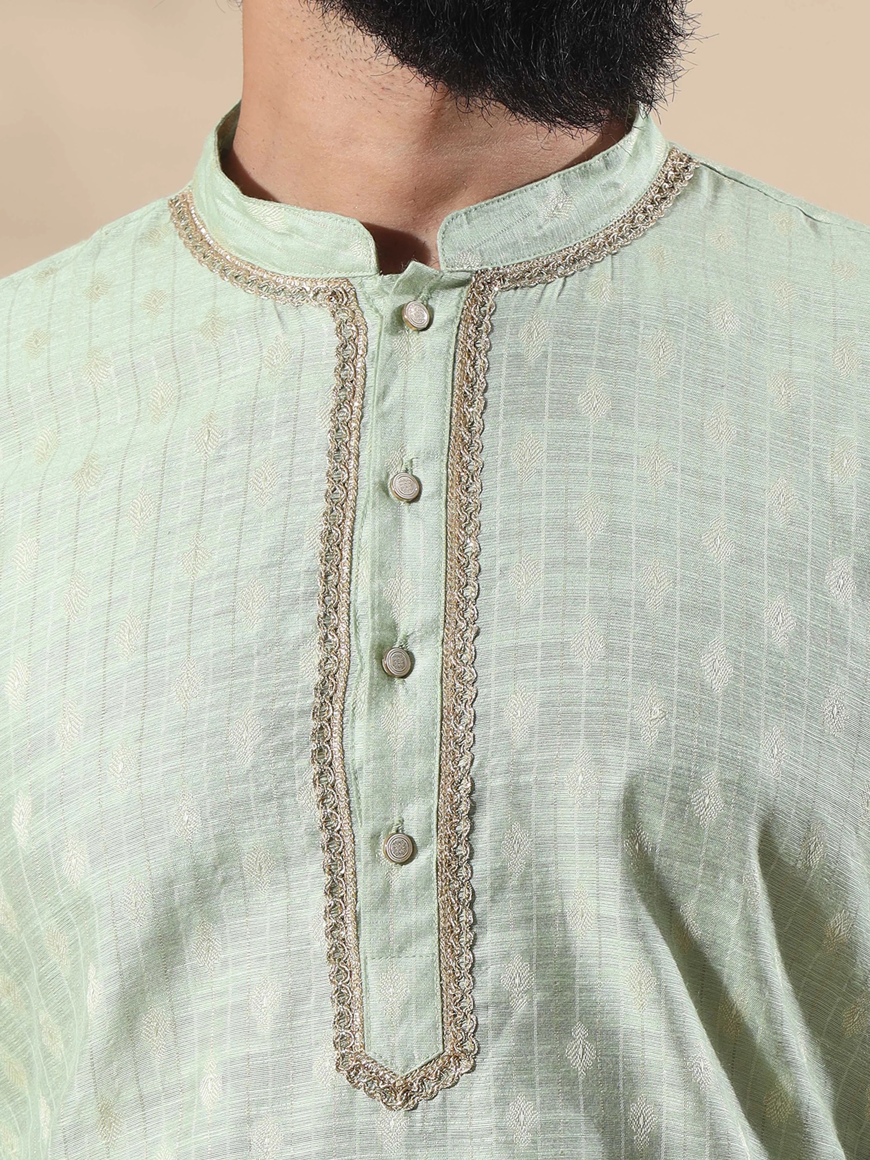 Pista Green Banarasi Chanderi Buta Long Kurta