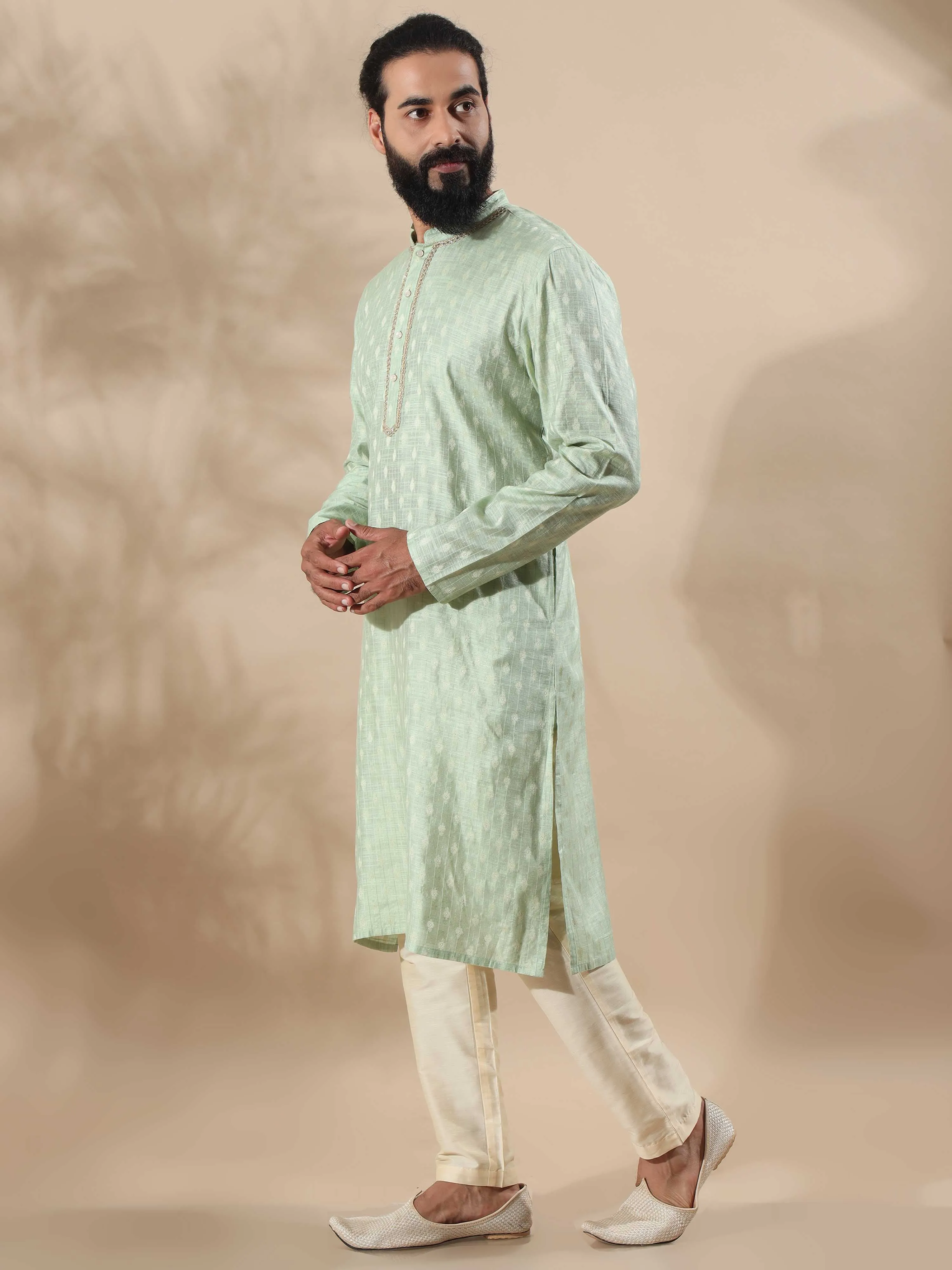 Pista Green Banarasi Chanderi Buta Long Kurta