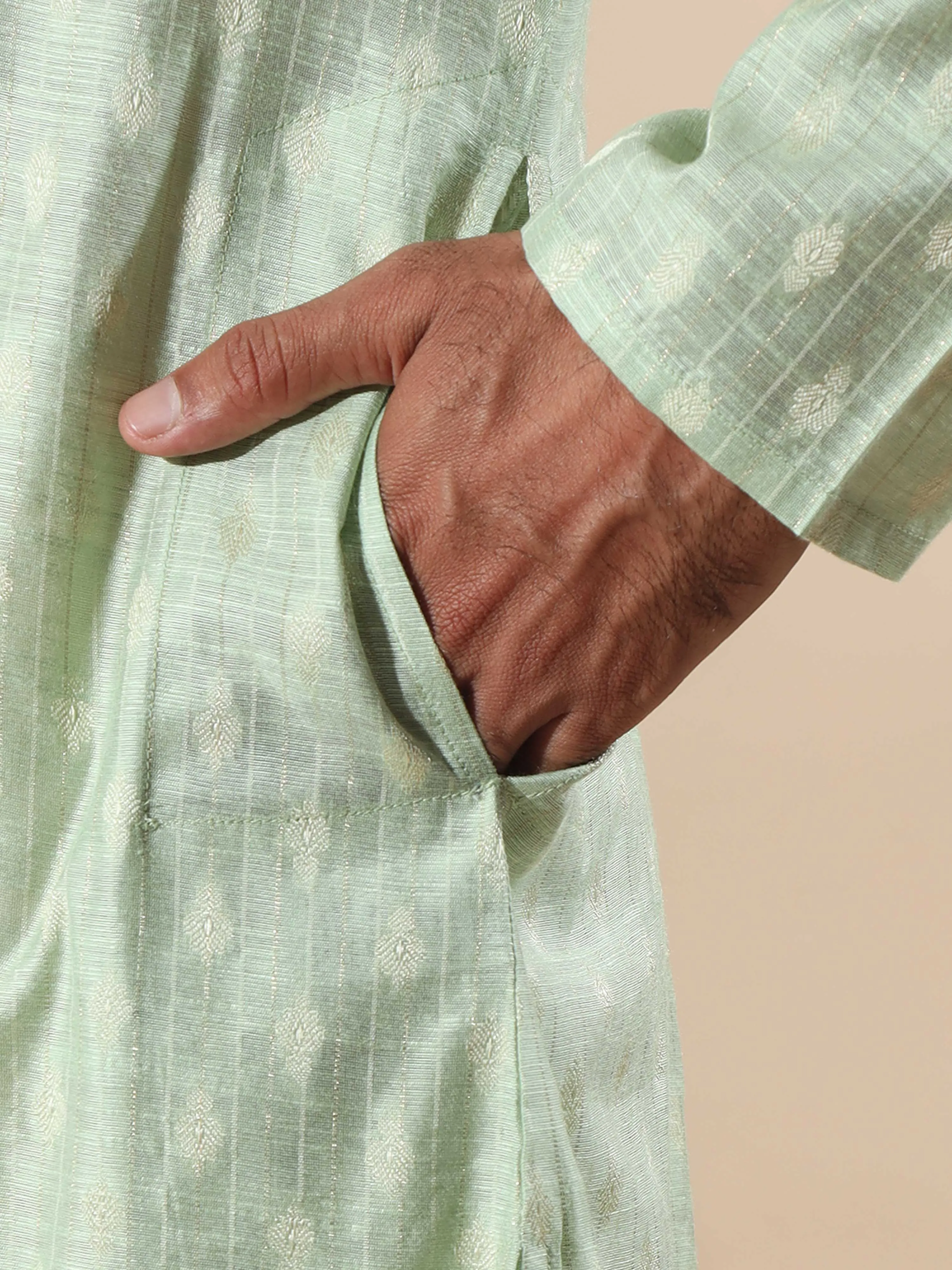 Pista Green Banarasi Chanderi Buta Long Kurta