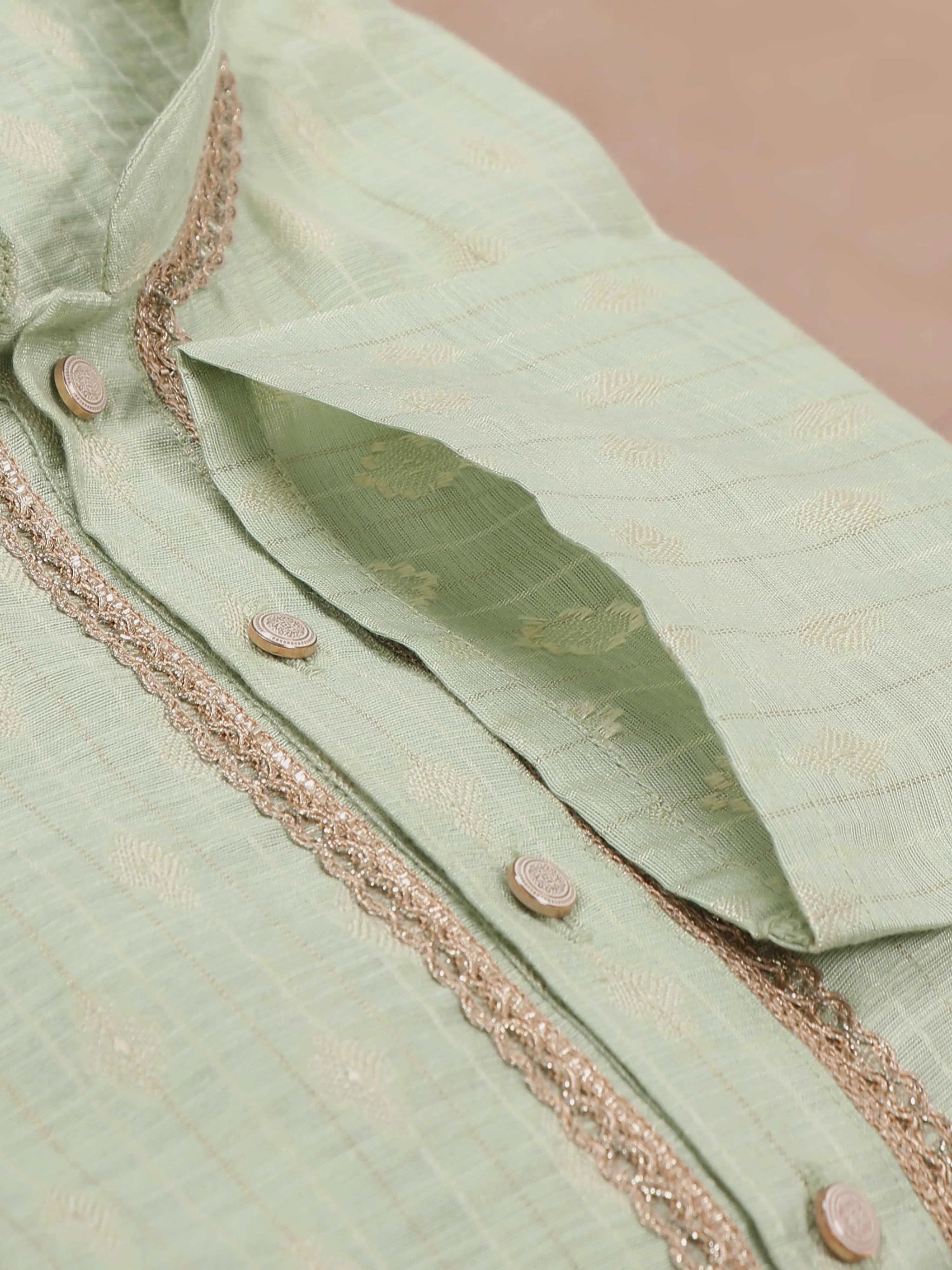Pista Green Banarasi Chanderi Buta Long Kurta