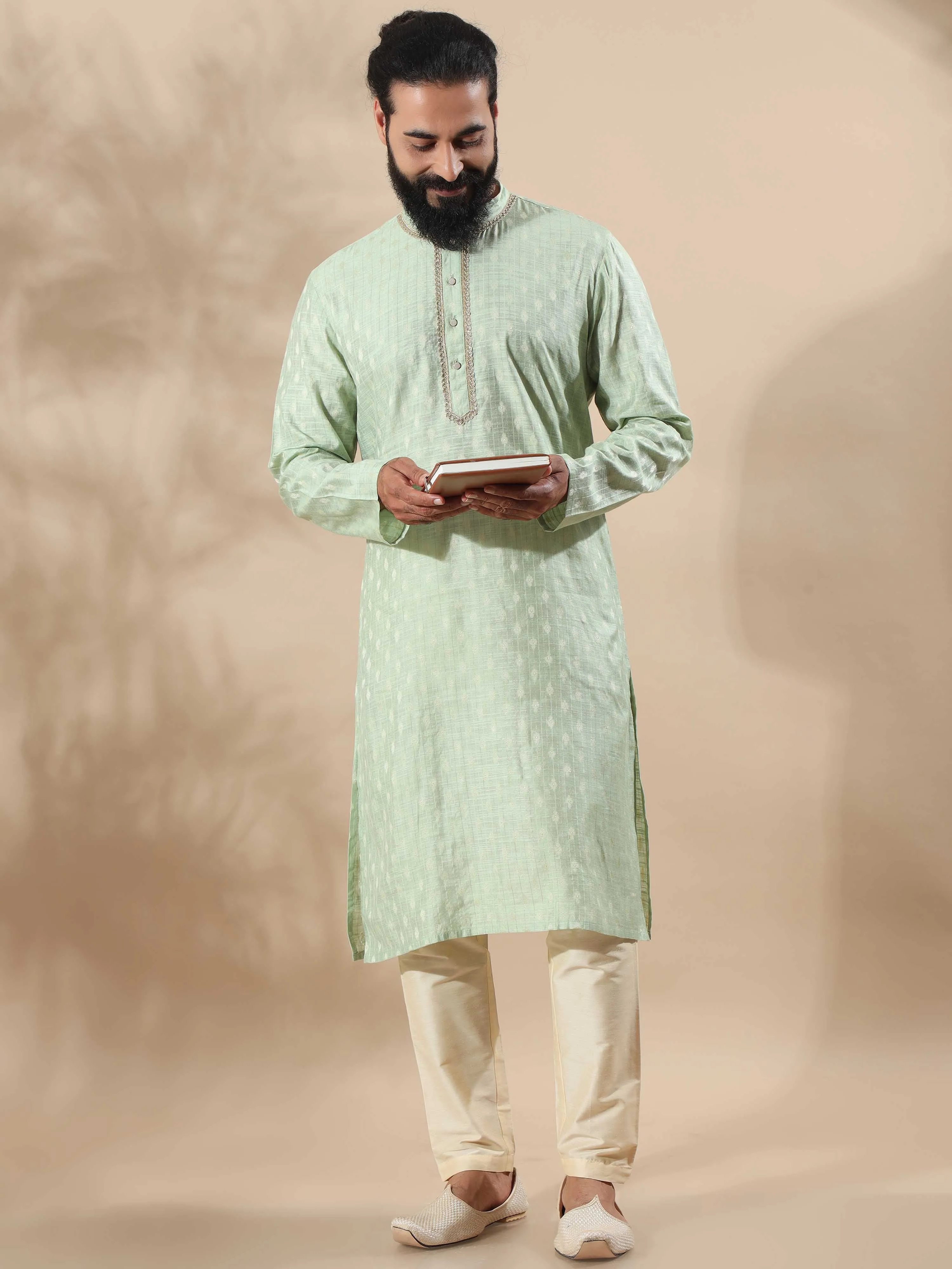 Pista Green Banarasi Chanderi Buta Long Kurta