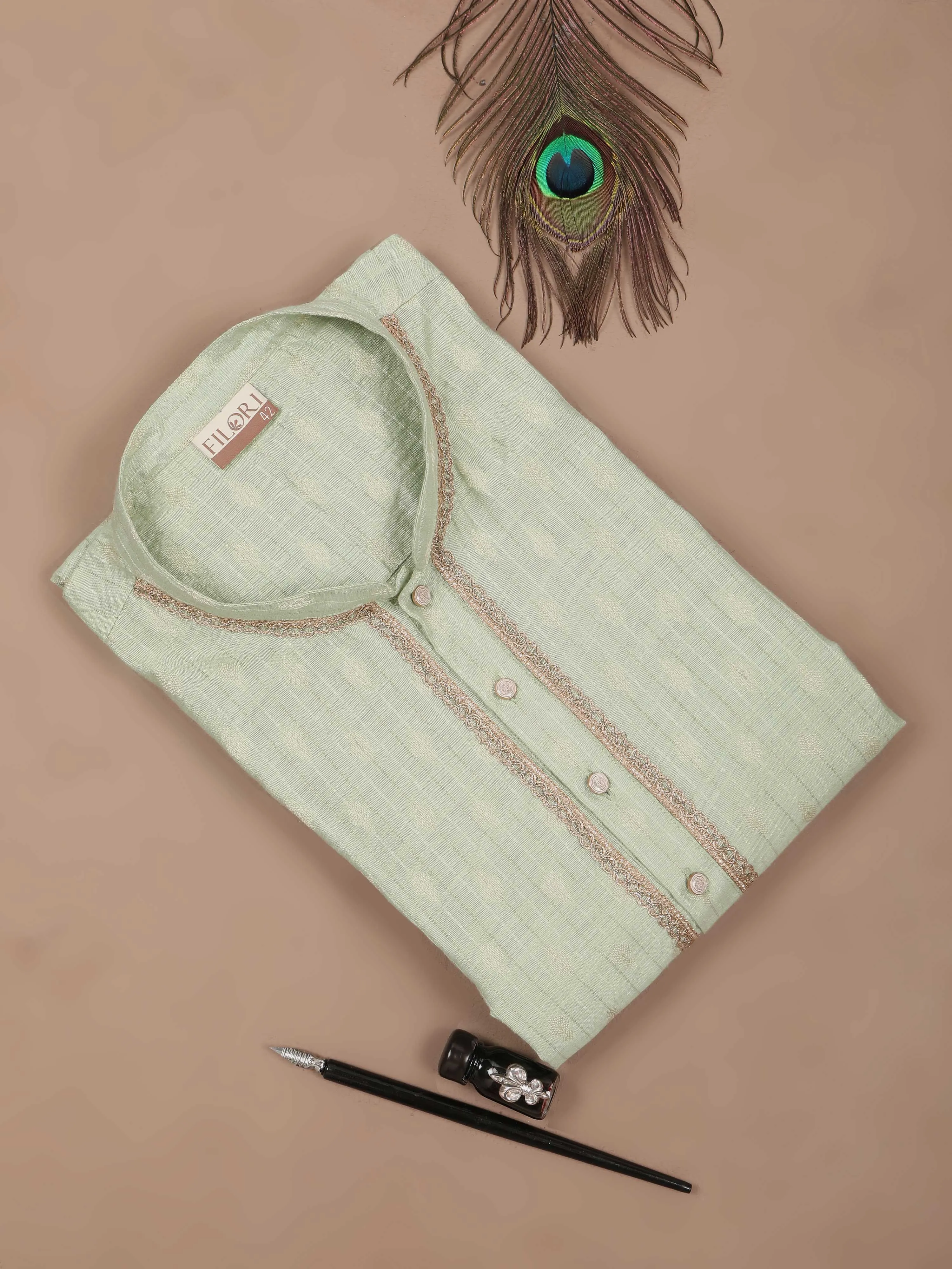 Pista Green Banarasi Chanderi Buta Long Kurta