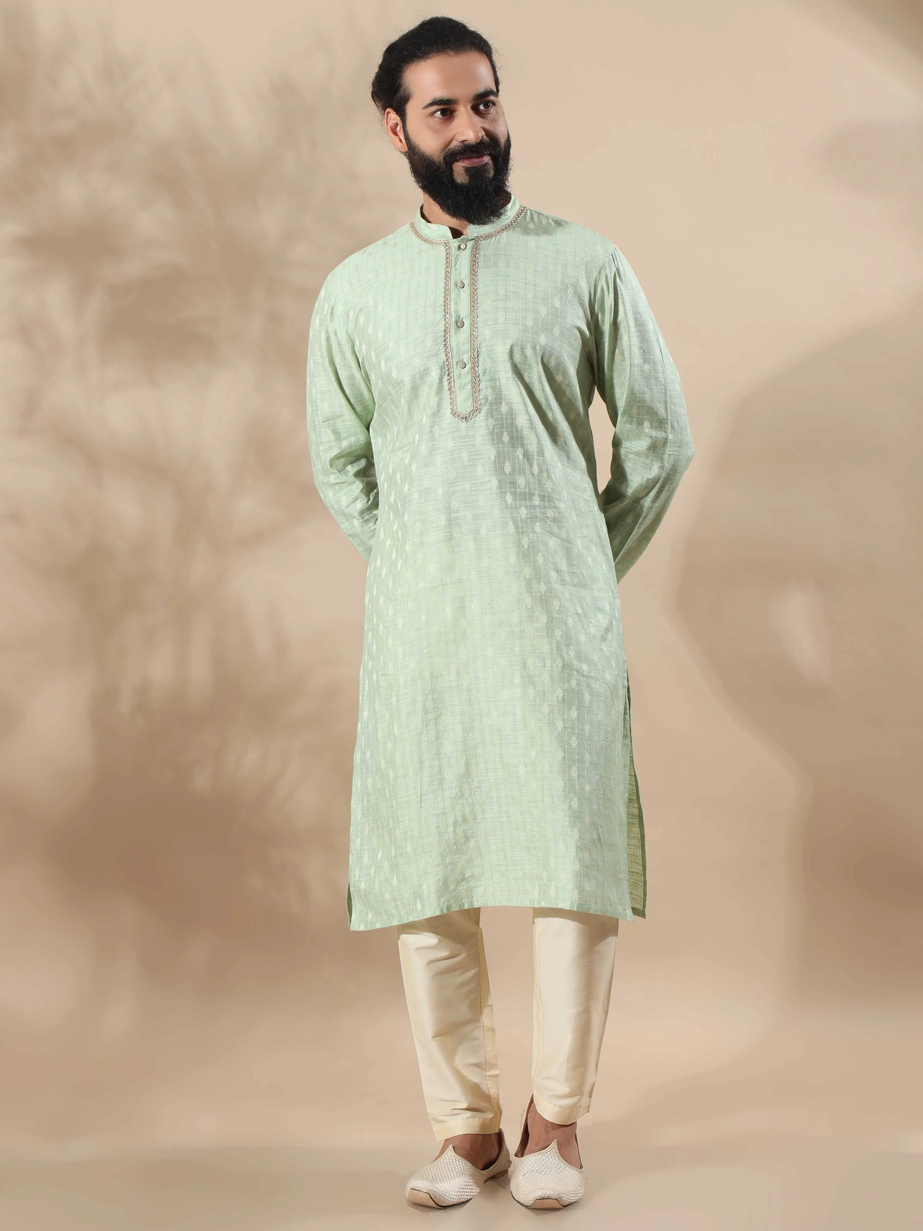 Pista Green Banarasi Chanderi Buta Long Kurta