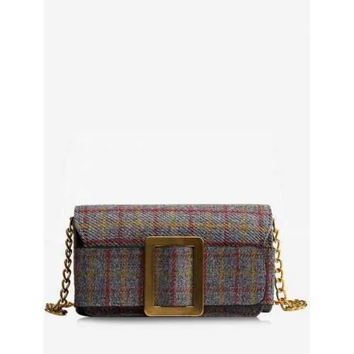 Plaid Chain Buckle Strap Crossbody Bag - Gray
