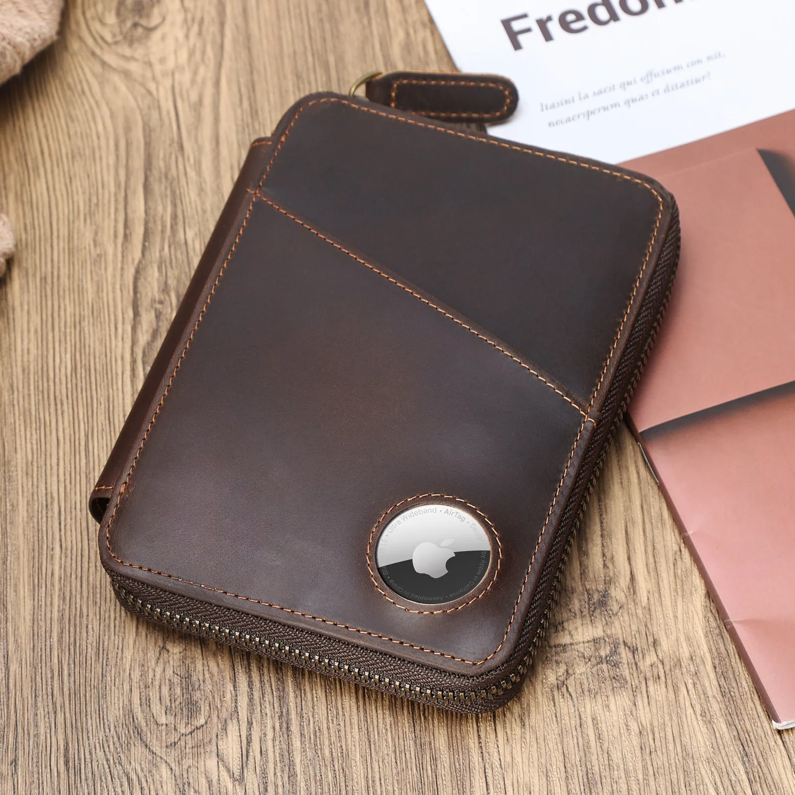 Polare Full Grain Leather Travel Passport Wallet RFID Blocking Passport Holder Soft Bifold Cover Case with YKK Zipper (Dark Brown with AirTag Slot)