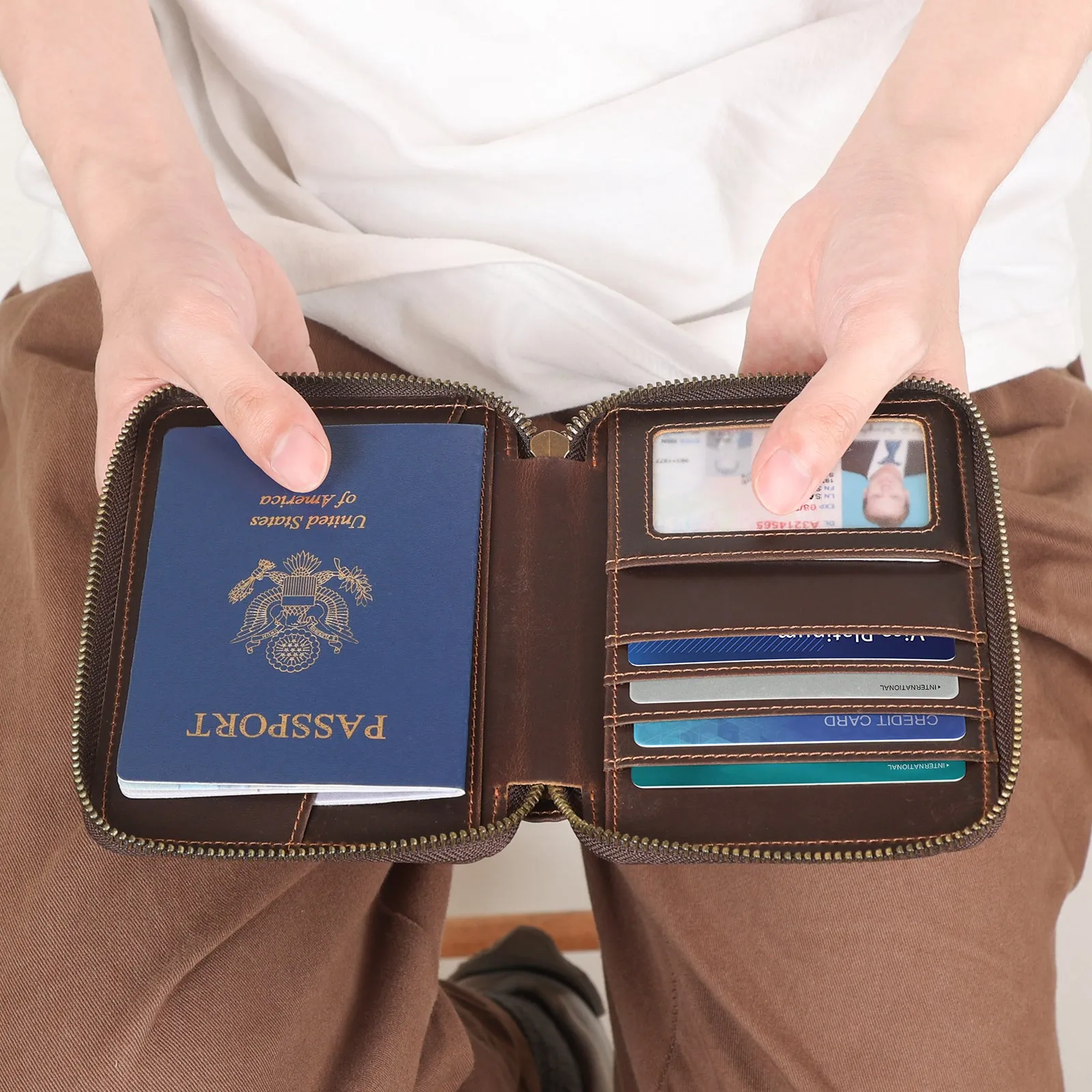 Polare Full Grain Leather Travel Passport Wallet RFID Blocking Passport Holder Soft Bifold Cover Case with YKK Zipper (Dark Brown with AirTag Slot)