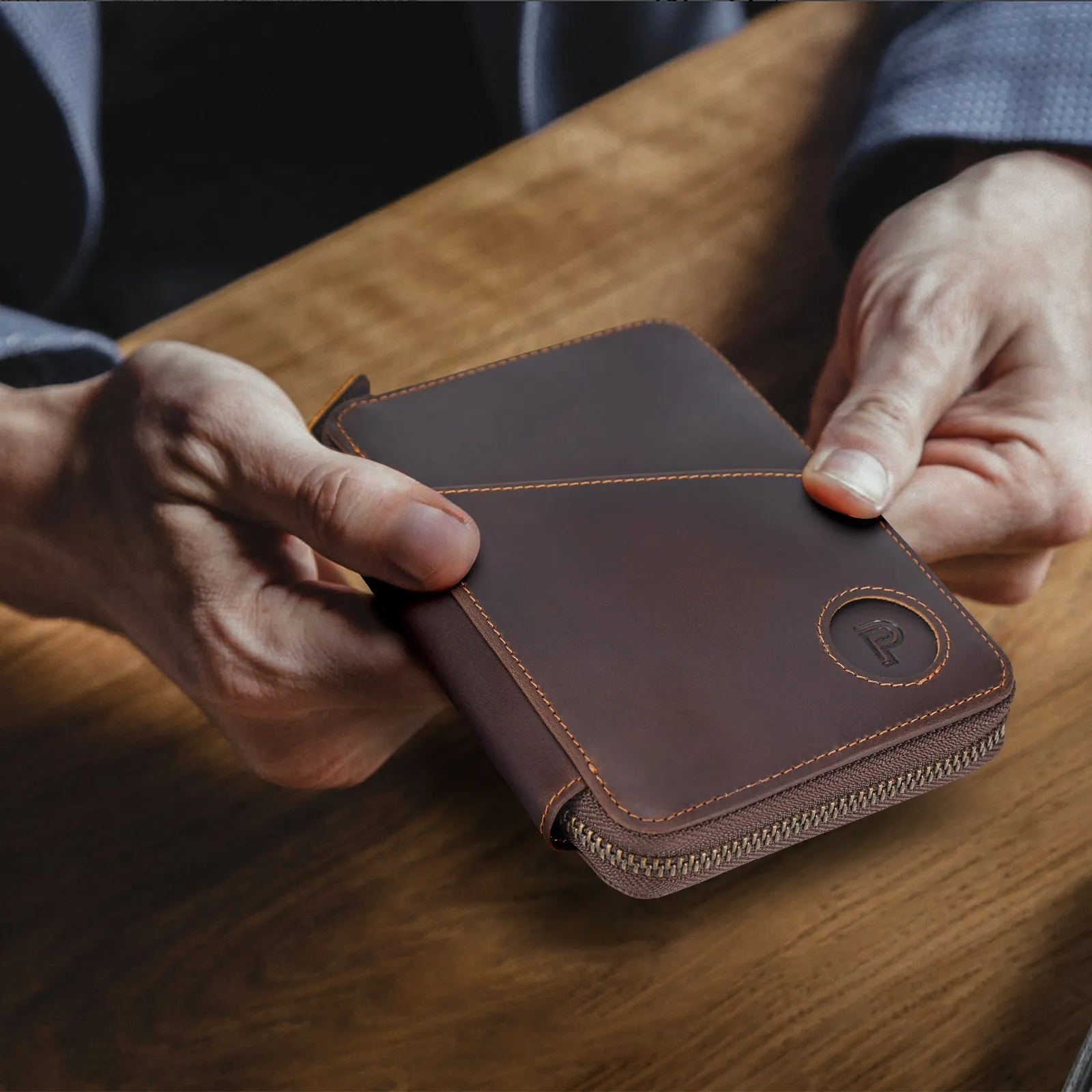 Polare Full Grain Leather Travel Passport Wallet RFID Blocking Passport Holder Soft Bifold Cover Case with YKK Zipper (Dark Brown with AirTag Slot)