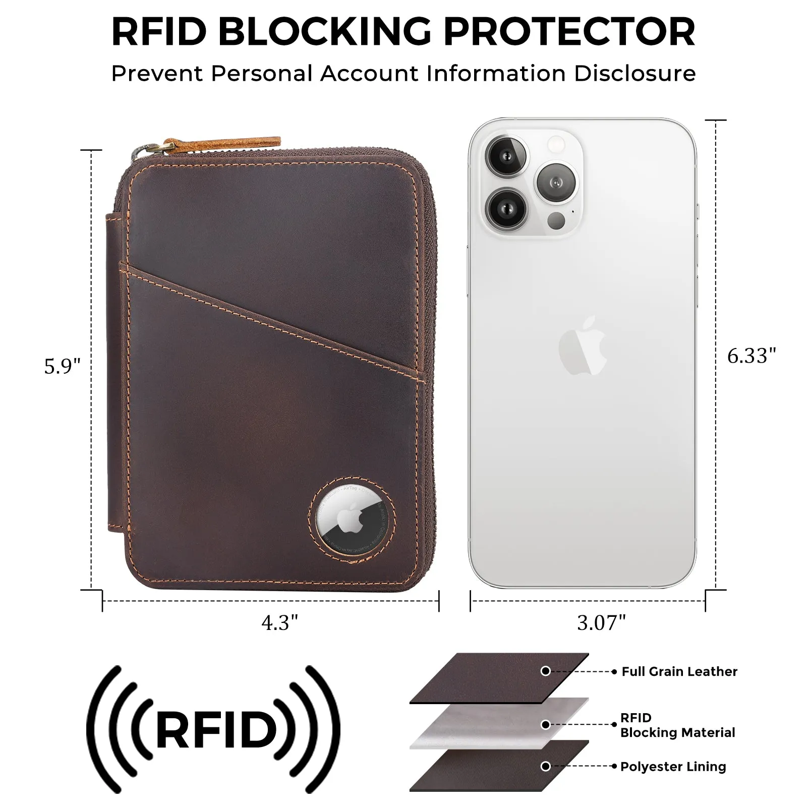 Polare Full Grain Leather Travel Passport Wallet RFID Blocking Passport Holder Soft Bifold Cover Case with YKK Zipper (Dark Brown with AirTag Slot)