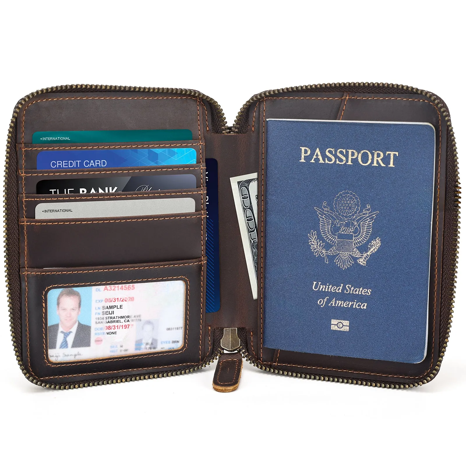 Polare Full Grain Leather Travel Passport Wallet RFID Blocking Passport Holder Soft Bifold Cover Case with YKK Zipper (Dark Brown with AirTag Slot)