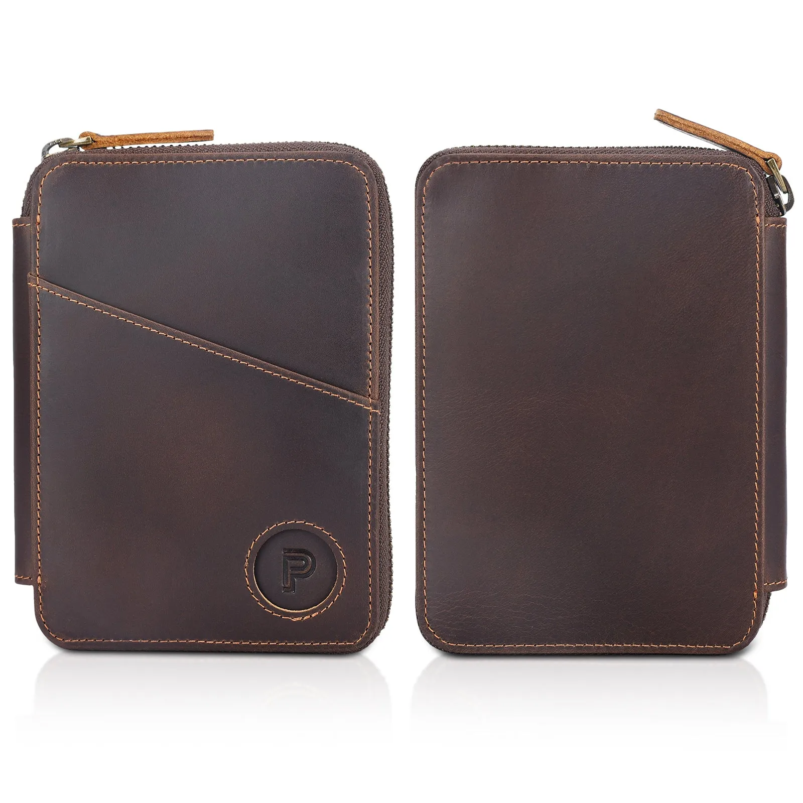 Polare Full Grain Leather Travel Passport Wallet RFID Blocking Passport Holder Soft Bifold Cover Case with YKK Zipper (Dark Brown with AirTag Slot)